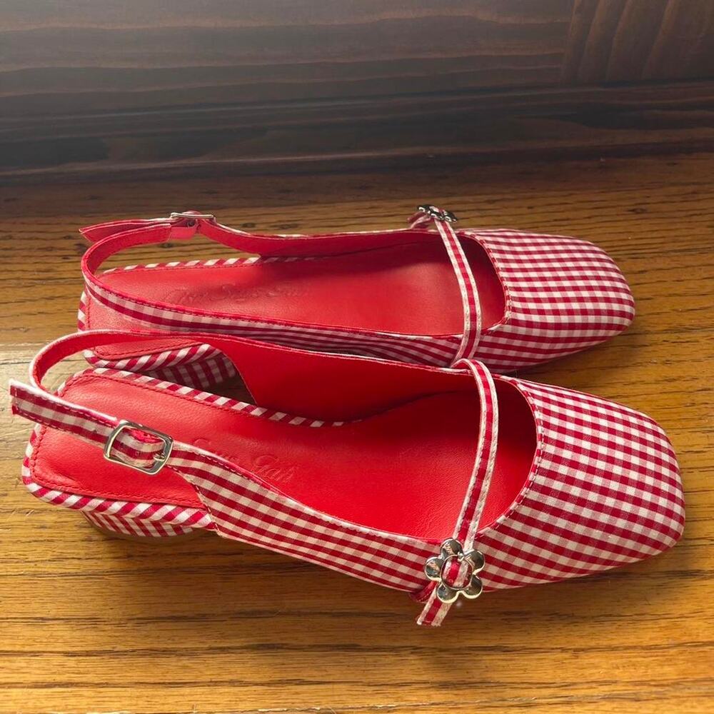 Lisa Says Gah Mackie Heel Gingham Square Toe Flower Buckle Made in Italy 👠 - Picture 3 of 4
